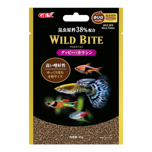 自然界の魚本来の食性に近づけ、高い嗜好性を実現。良質なたんぱく質を含む昆虫原料（アメリカミズアブ幼虫）を38%配合。 ・ゆっくり沈む小粒サイズ。グッピー・カラシンなどの小型熱帯魚に。 昆虫原料38%配