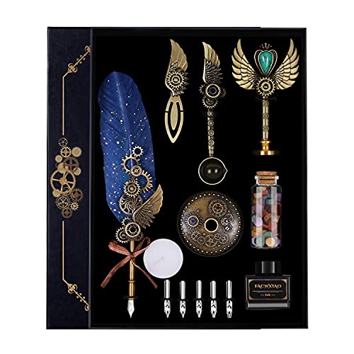 ヴィンテージ。ブルー/15 Piece Set/- ・Color:ブルー ・キルトペンセット羽ペン、インク、ブックマーク、シールスタンプ、異なるサイズのステンレススチールペン先5本、ワックスビーズ、ペ