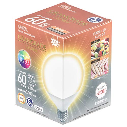 ボール球形電球色/60形相当/LDG8L-G AG6/RA93 ・パッケージ個数:1 ・彩りあざやかRa93「GRANGRADE」LED電球 ・自然光に近いあざやかさ ・ボール電球60形相当の明るさ 