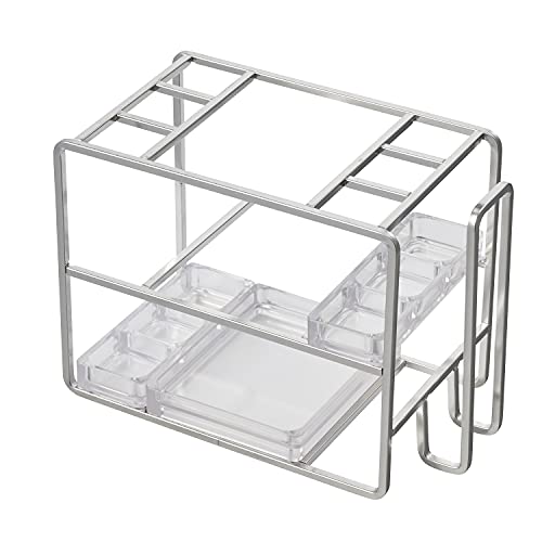 シルバー/135×75×95mm/B00365 ・パッケージ個数:1 ・歯ブラシか電動歯ブラシ用替えブラシを6本収納。同時に歯みがき粉とコップも収納できます。 ・トレーを上下に移動することで、歯ブラシ
