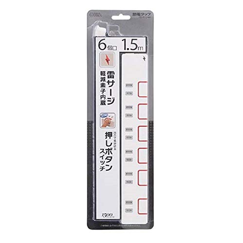 6個口-/1.5m/HS-K1189W ・パッケージ個数:1 ・雷サージ軽減素子内蔵:落雷時のダメージ軽減 ・ホコリ防止シャッター:ほこり侵入・感電事故防止 ・二重被ふくコード:導線を二重被ふくで強度